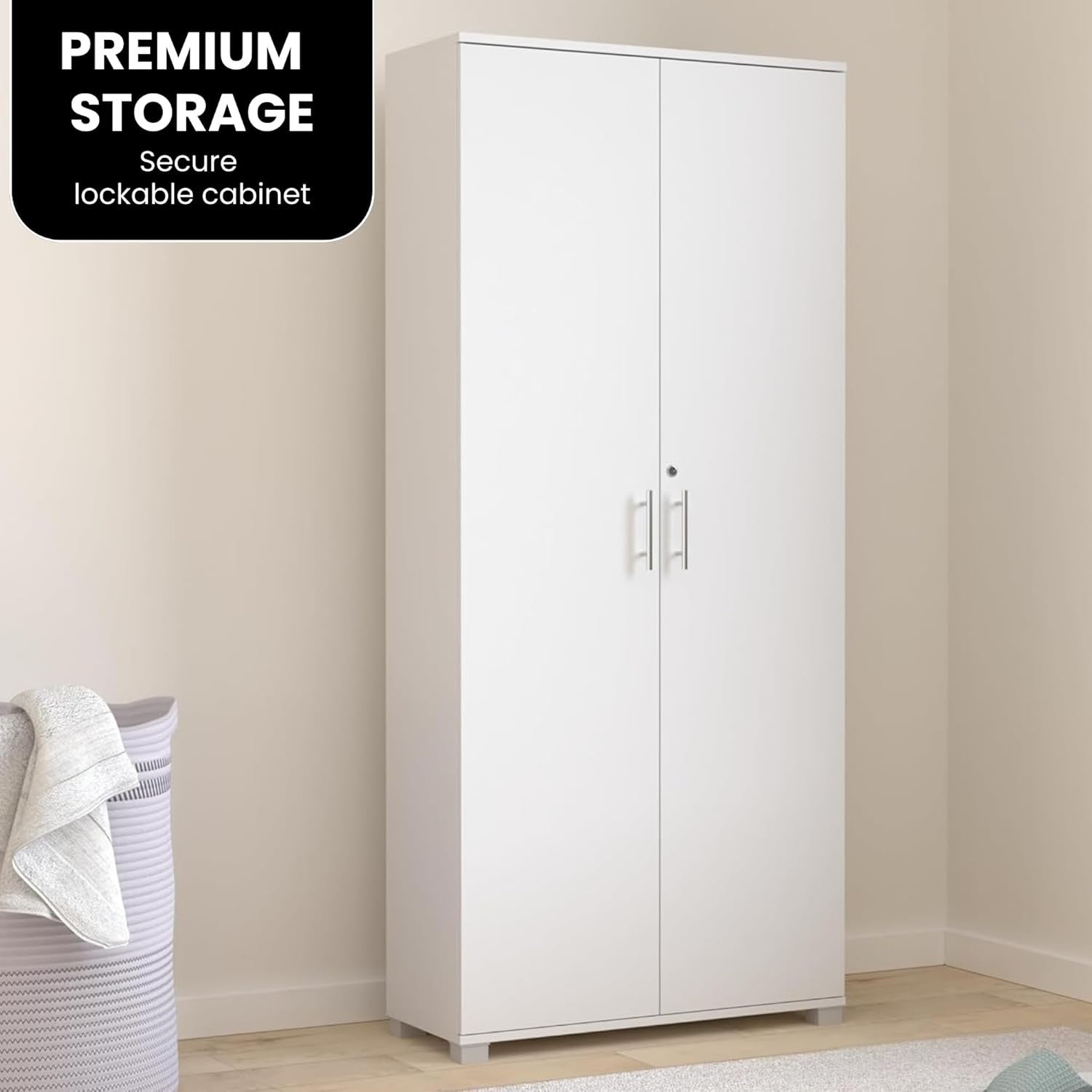 Tall White Storage Cupboard 2 Door Lockable Cabinet with 4 Shelves Office