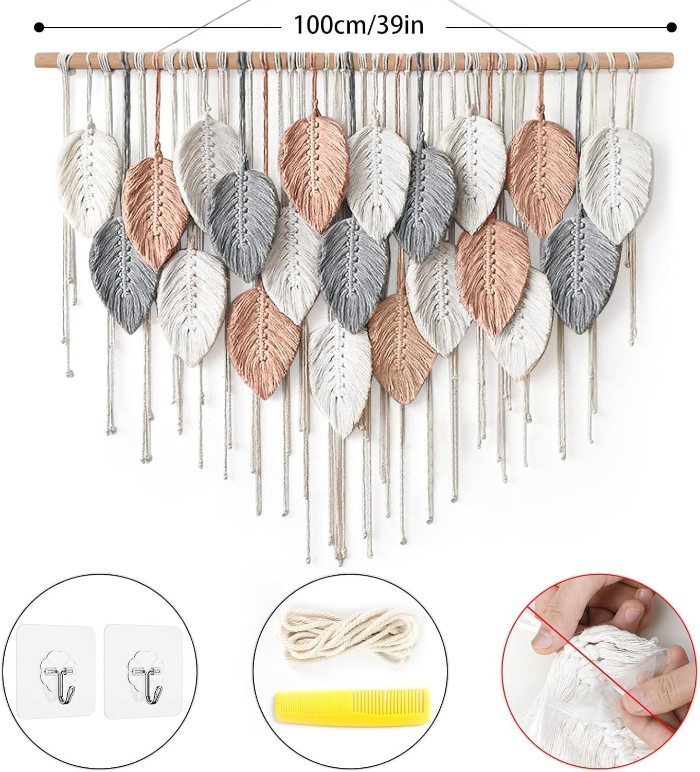 Pink Large Leaf Macrame Wall Hanging 39"x29.5" Boho Decor