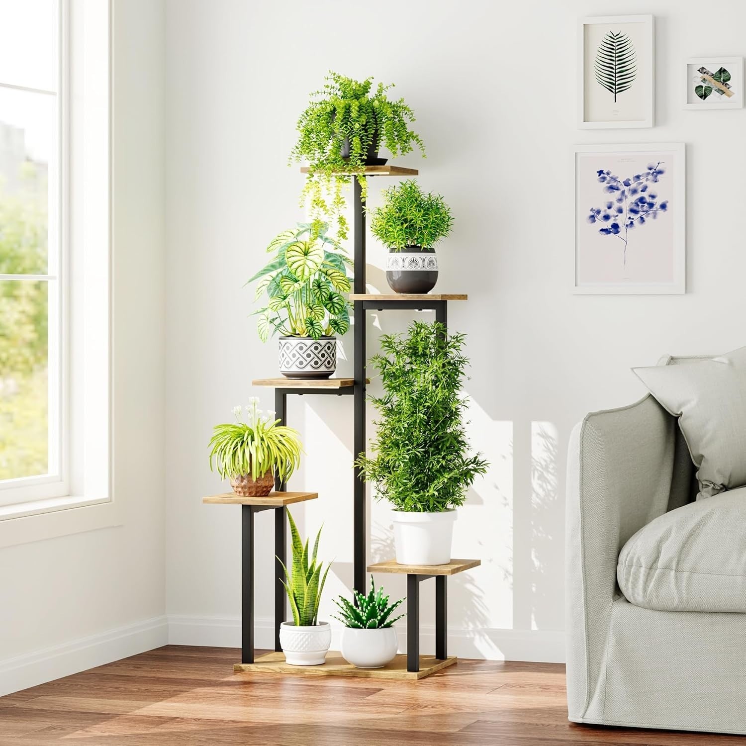 6-Tier Plant Stand with Grow Lights, Metal Wood Indoor Flower Shelf for Home & P
