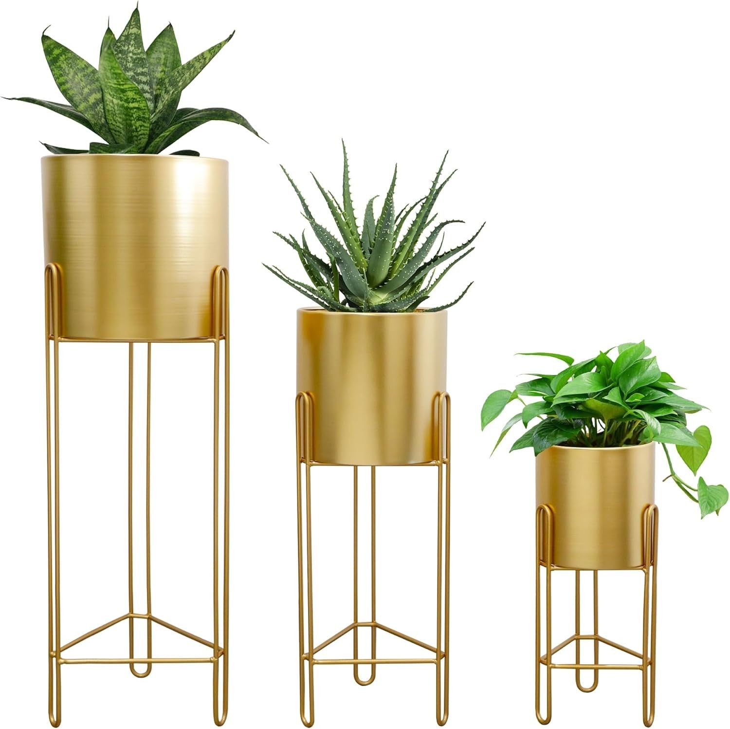 Set of 3 Gold Metal Plant Stands with Pots Modern Tall Indoor Decorative Planter