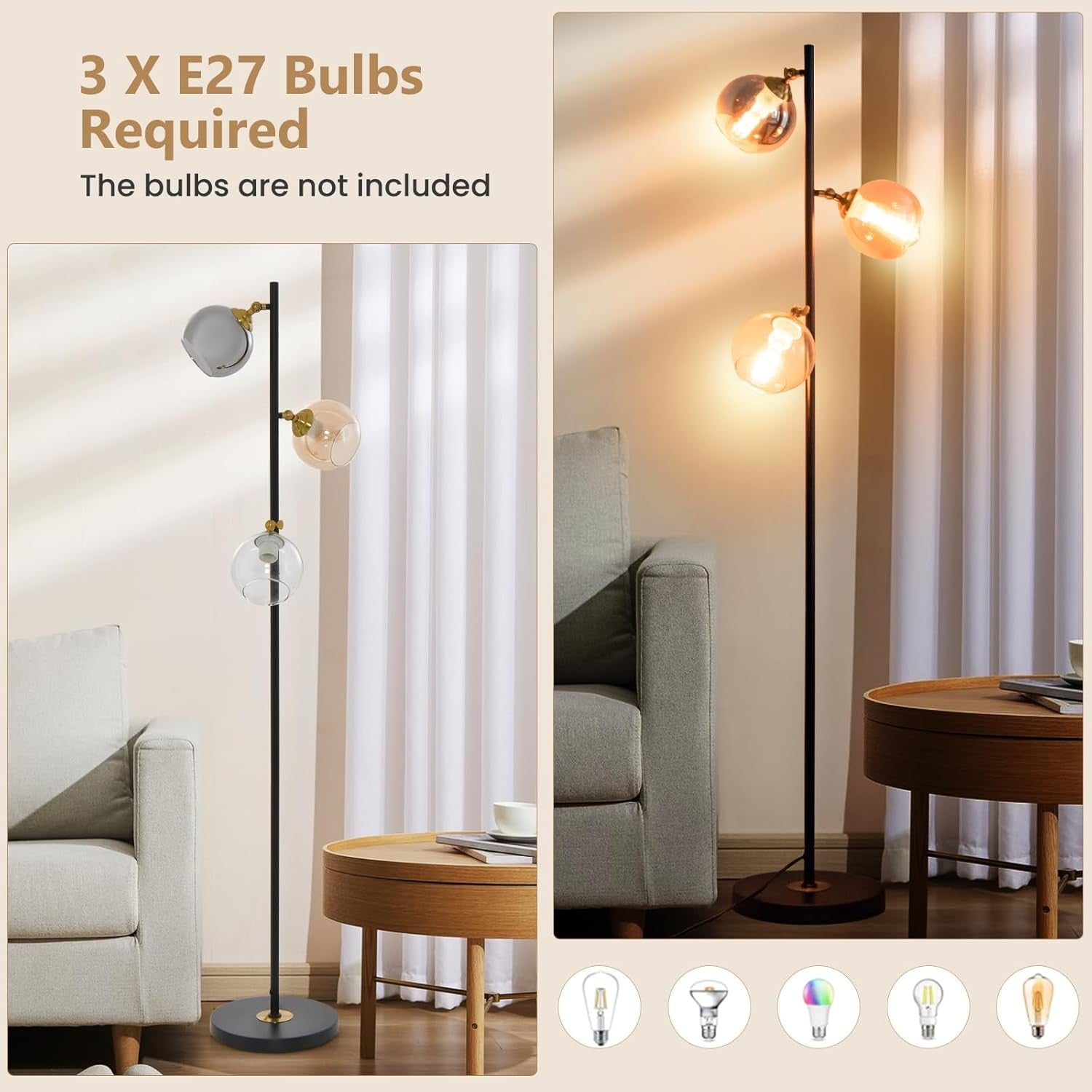 Industrial Floor Lamp 3 Light Glass Globe Standing Lamp Foot Switch Black
