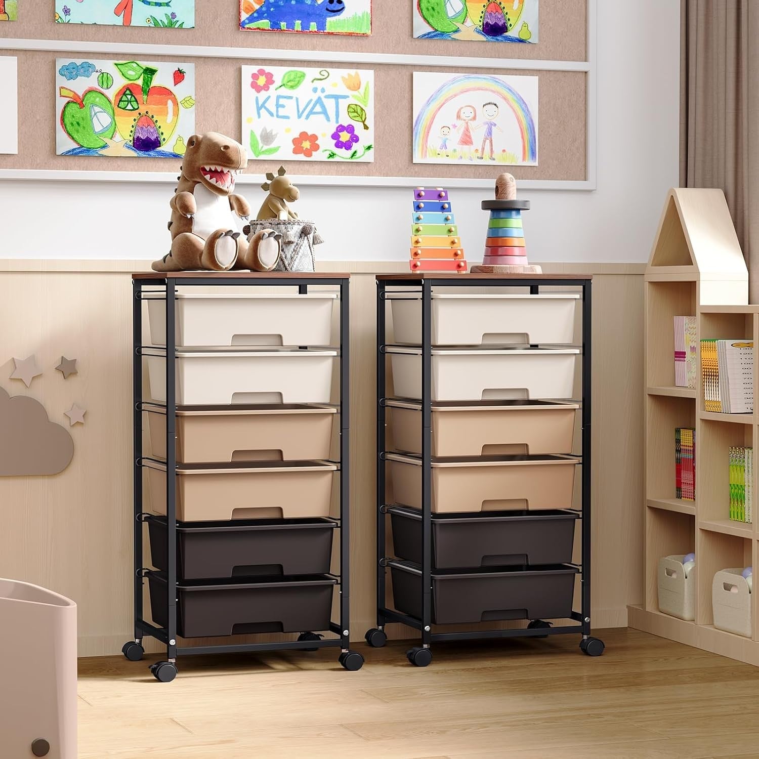 6 Drawer Rolling Storage Cart Utility Trolley with Wooden Top Brown