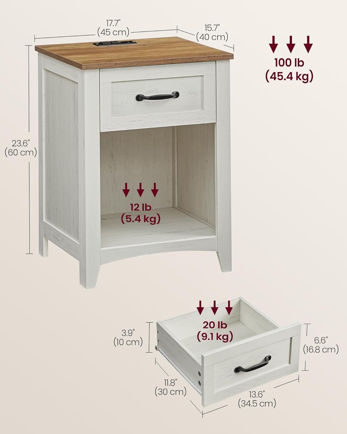 Farmhouse Bedside Tables Set of 2 with Drawer & Charging Station, Rustic White