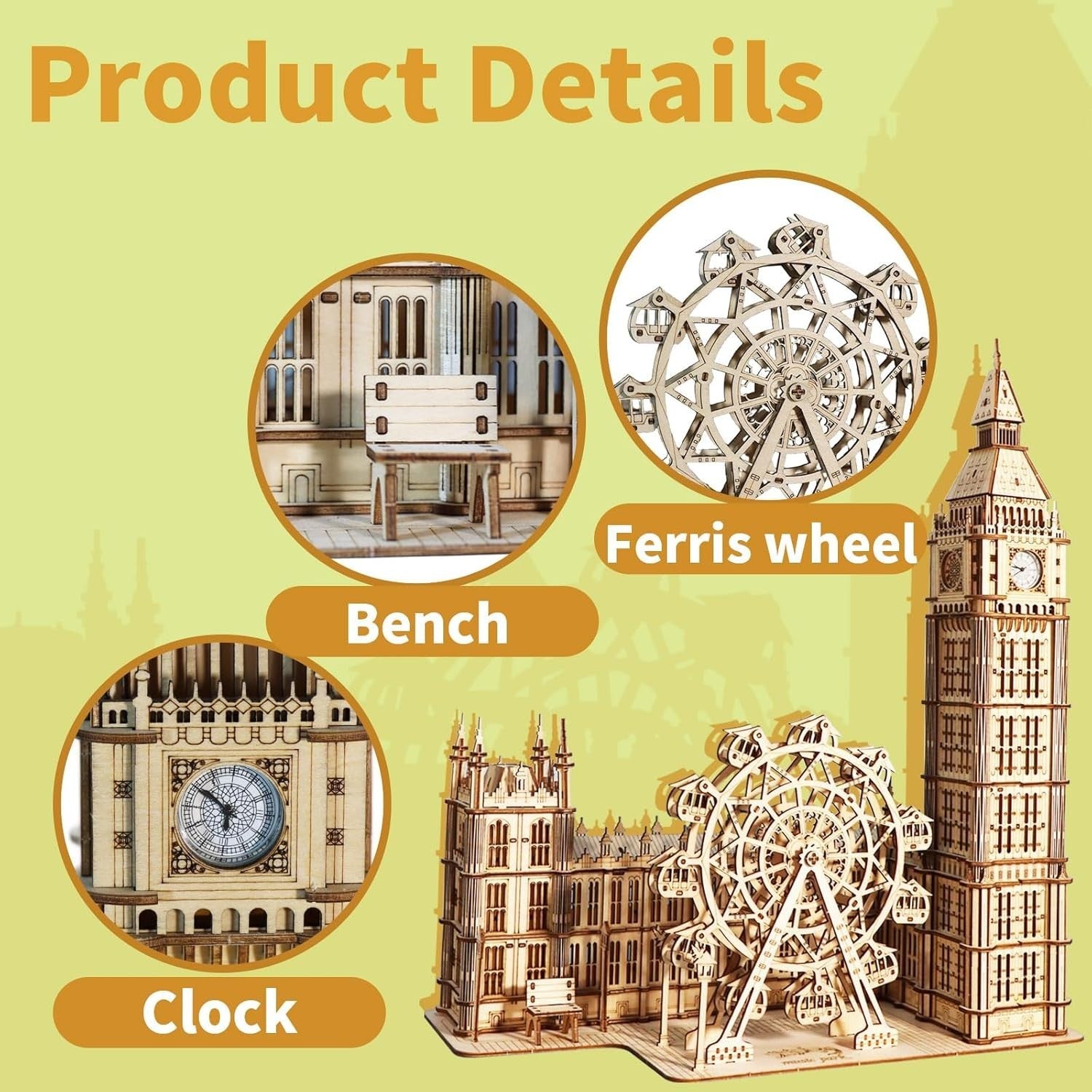 3D Wooden Big Ben Puzzle Clock Model with LED Light & Ferris Wheel