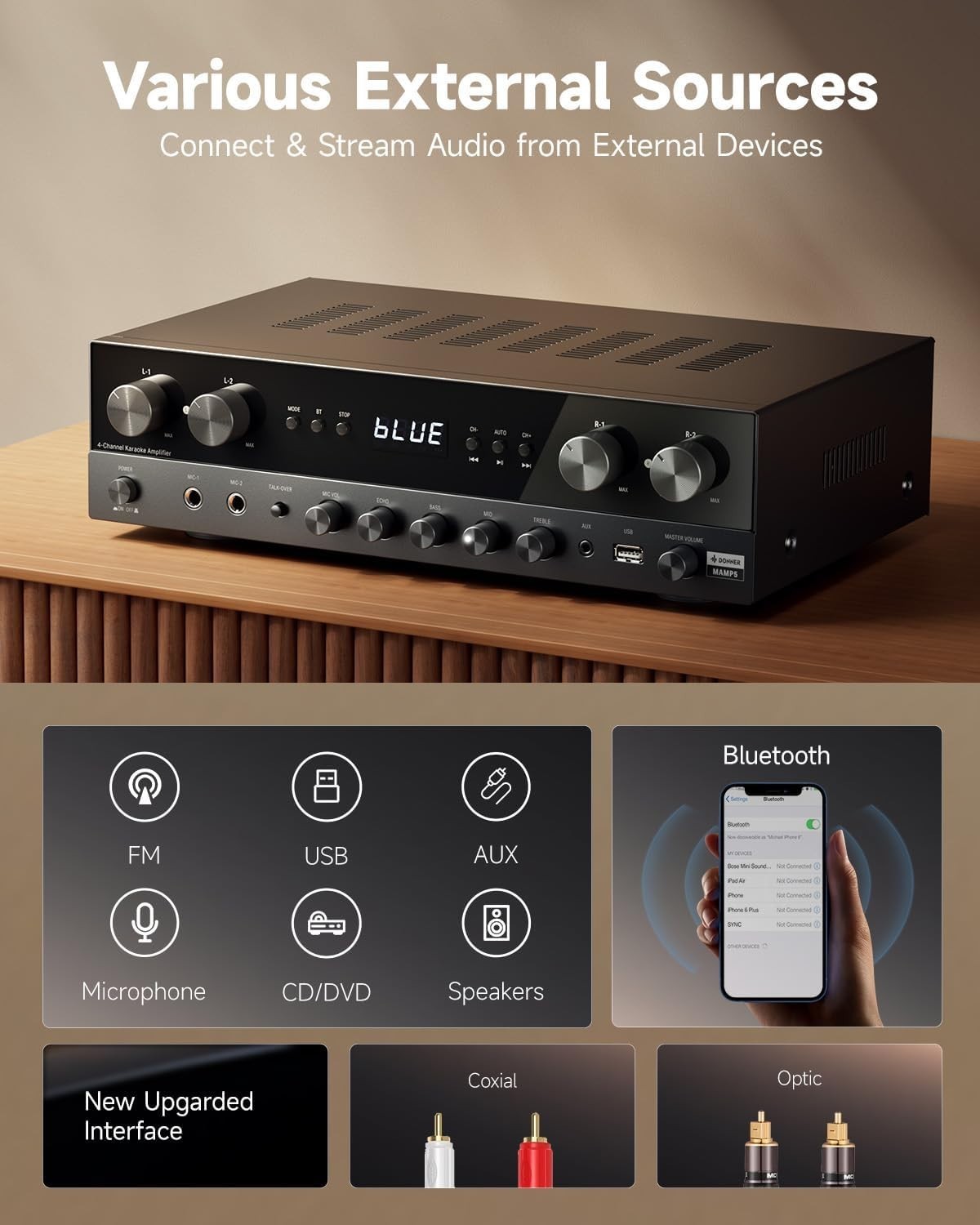 1000W 4 Channel Bluetooth Stereo Amplifier Receiver USB FM RCA