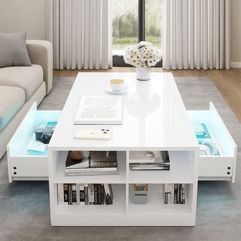 Blisswood LED Coffee Table with 2 Drawers, High Gloss Grey & RGB Lights
