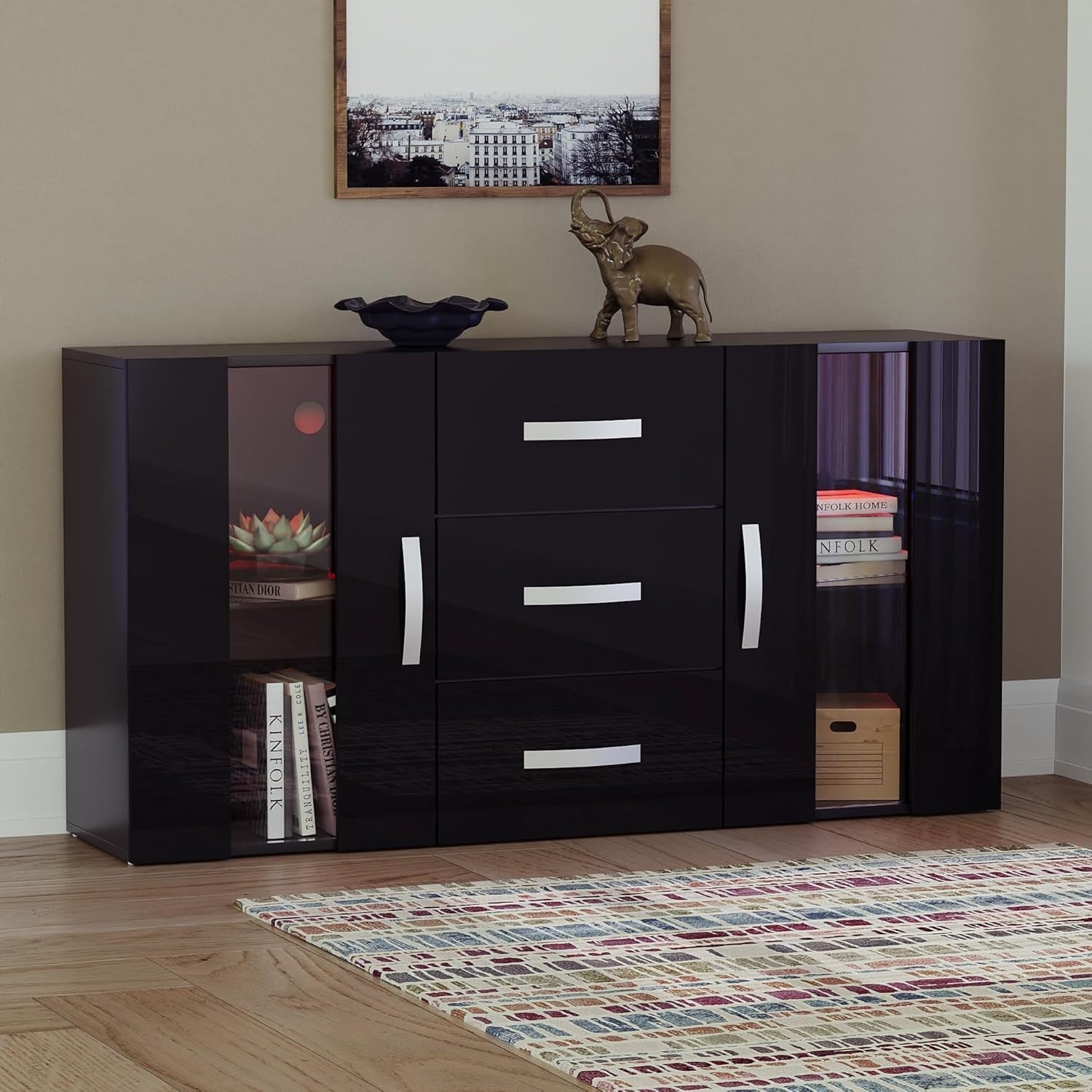 Black LED Sideboard Cabinet RGB Lights 3 Drawers 2 Doors Modern Unit