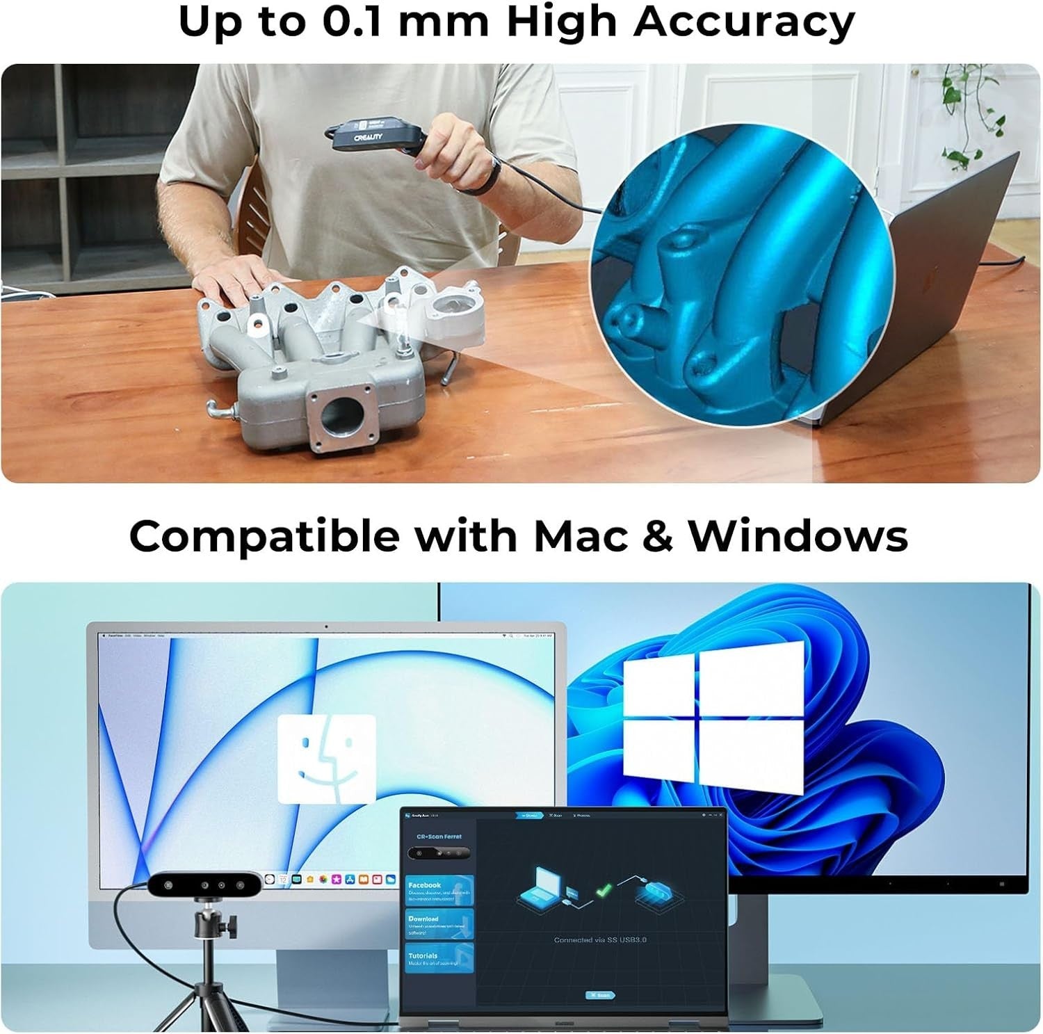 3D Scanner 0.1mm Accuracy Anti Shake Fast Scan Full Color
