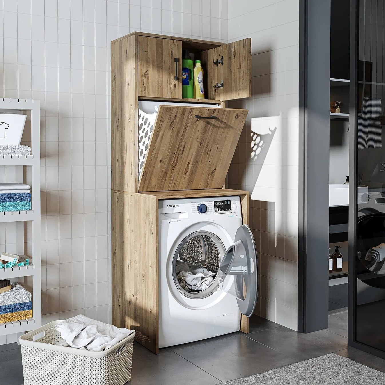 Luna Washing Machine Cabinet, Premium Melamine Coated Panels, White-Oak, 180.5cm