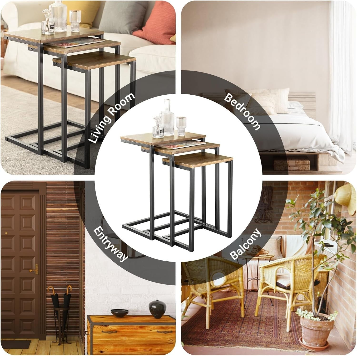 Space Saving Nesting Coffee Tables Set of 3 Engineered Wood & Metal Frame