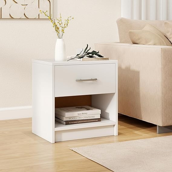 Modern White Bedside Table with Drawer & Shelf, Wooden Nightstand 38x28x40cm