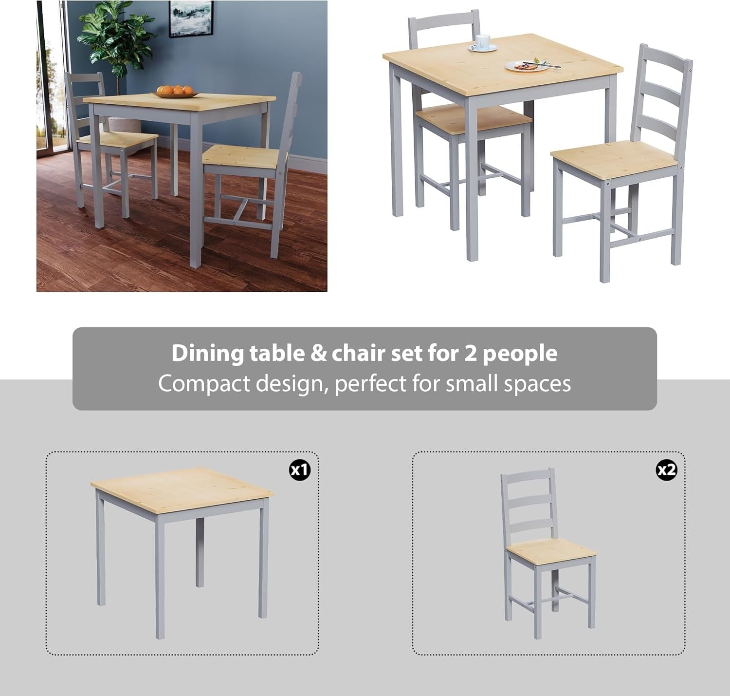 Grey & Pine 2 Seater Dining Table Set | Compact Kitchen Table with Chairs