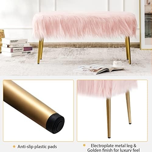 Faux Fur Ottoman Bench with Gold Legs, Plush Vanity Seat Stool Pink