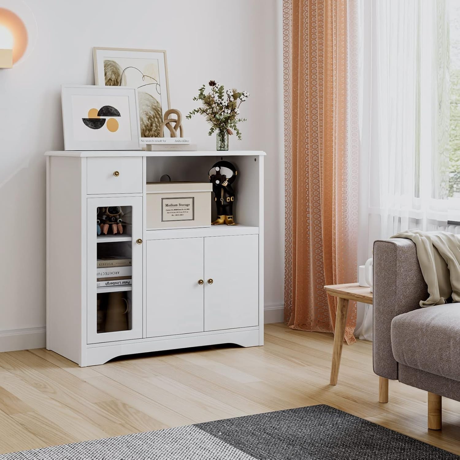 Adjustable White Kitchen Storage Cabinet with Microwave Shelf & Drawer 90x40x82c