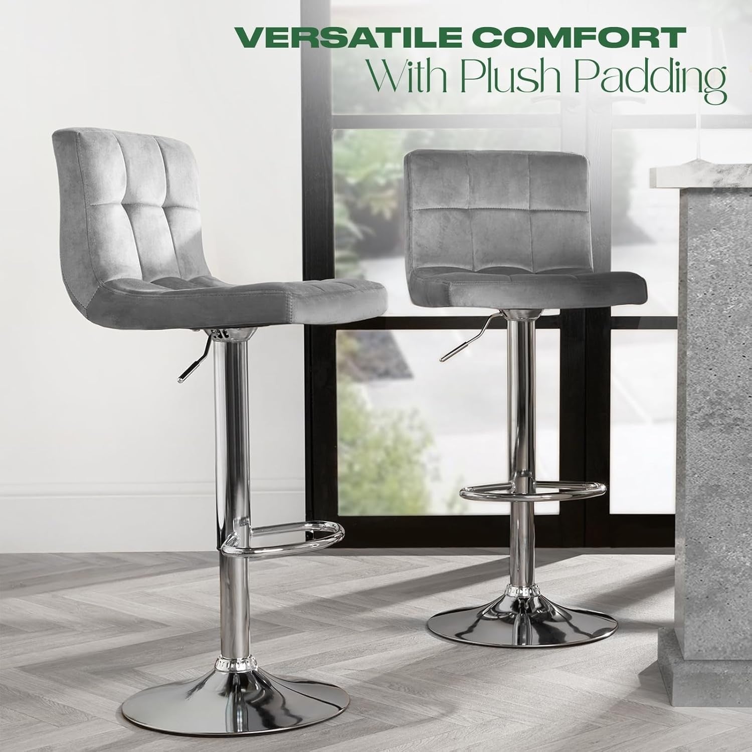 Set of 2 Adjustable Grey Velvet Bar Stools with Swivel & Footrest