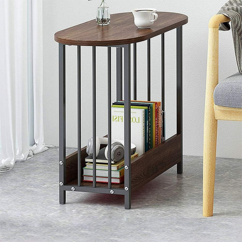 Slim Oval Side Table with Storage, Dark Oak Small End Table for Living Room
