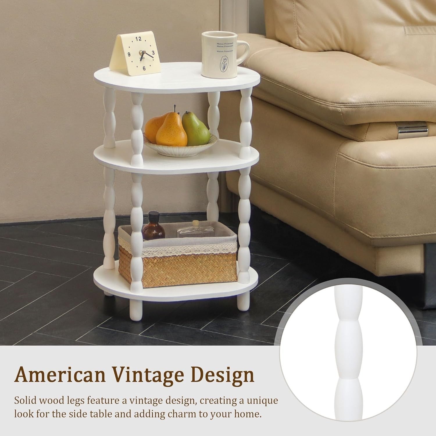 3-Tier Oval Side Table White, Compact Modern End Table with Storage Shelves