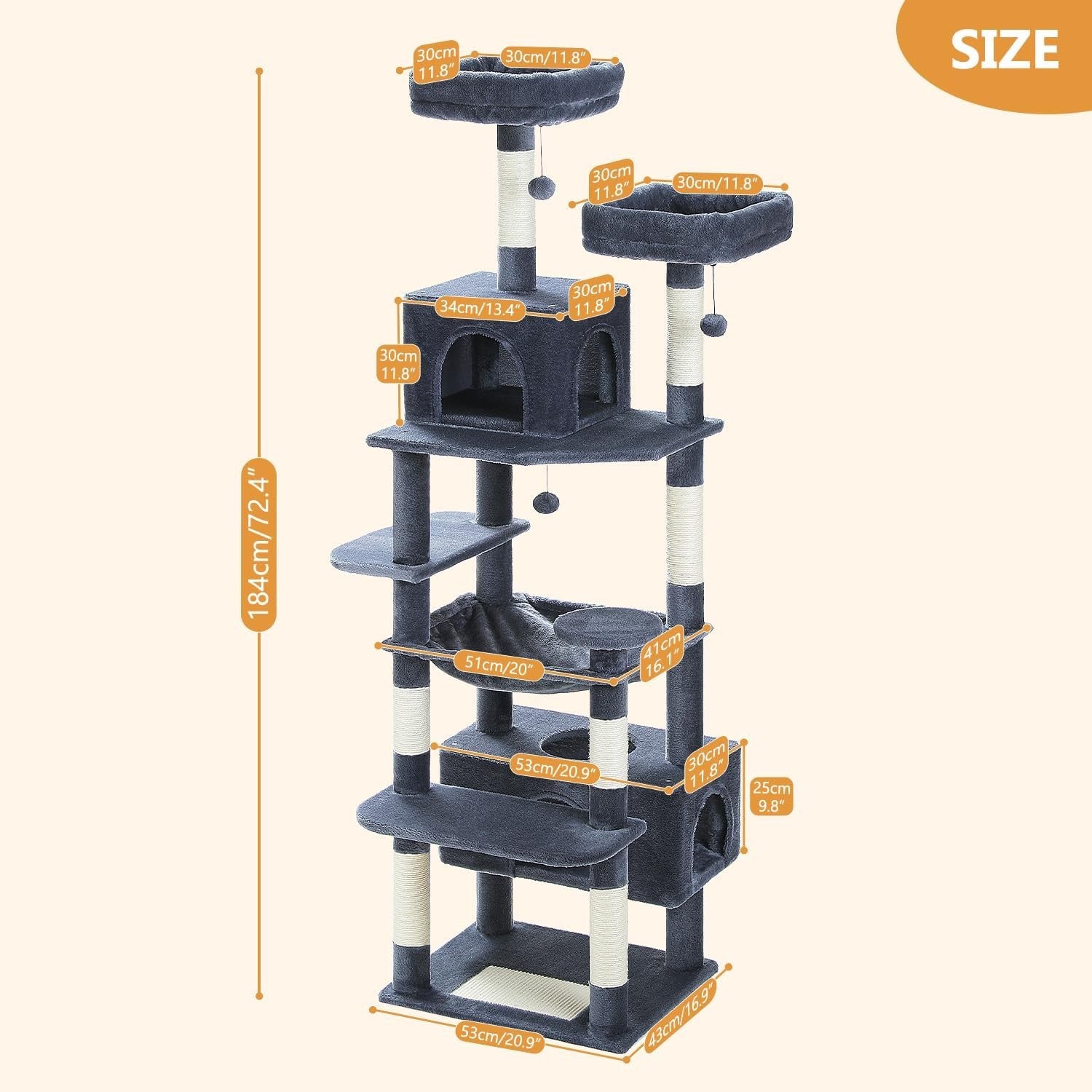 Large Cat Tree 184cm Extra Tall Multi Level Tower Dual Condos & Perches