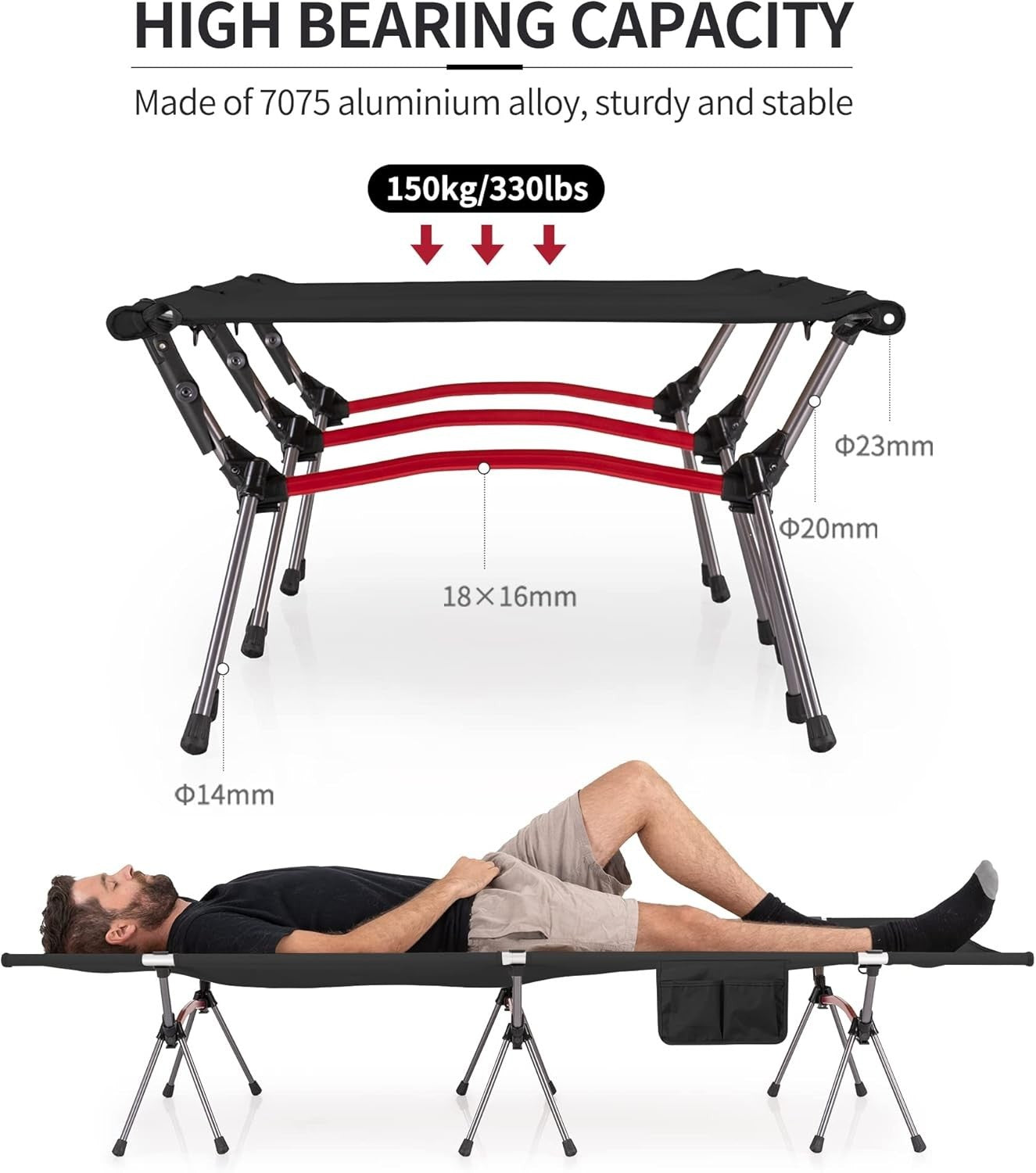 Ultralight Portable Camping Cot Bed - Adjustable Height, Foldable, 150kg Load