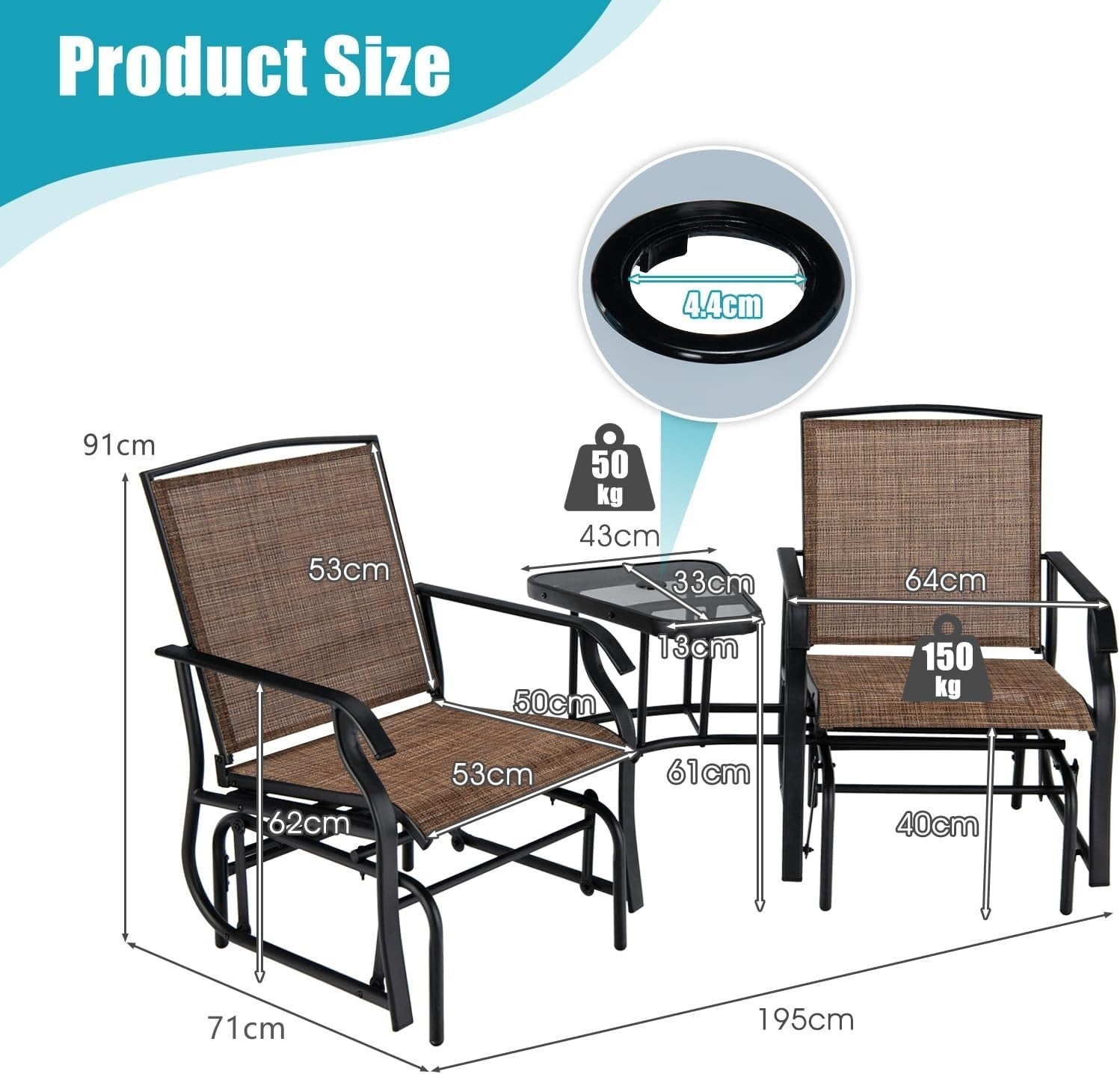 2 Seater Outdoor Glider Rocking Chair Set w/ Table for Patio Garden