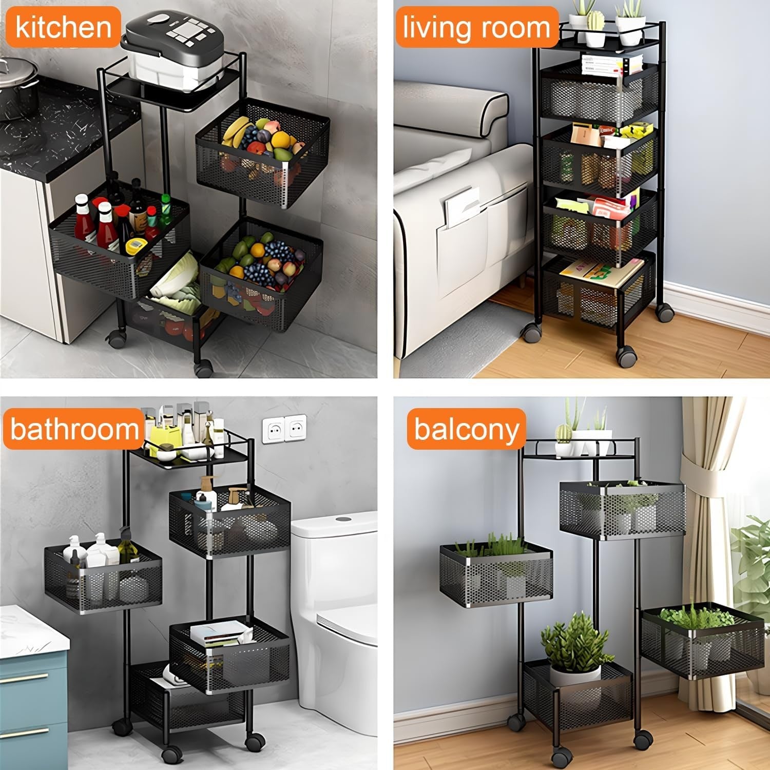 6 Tier Metal Fruit Basket Rotating Storage Trolley with Wheels Black