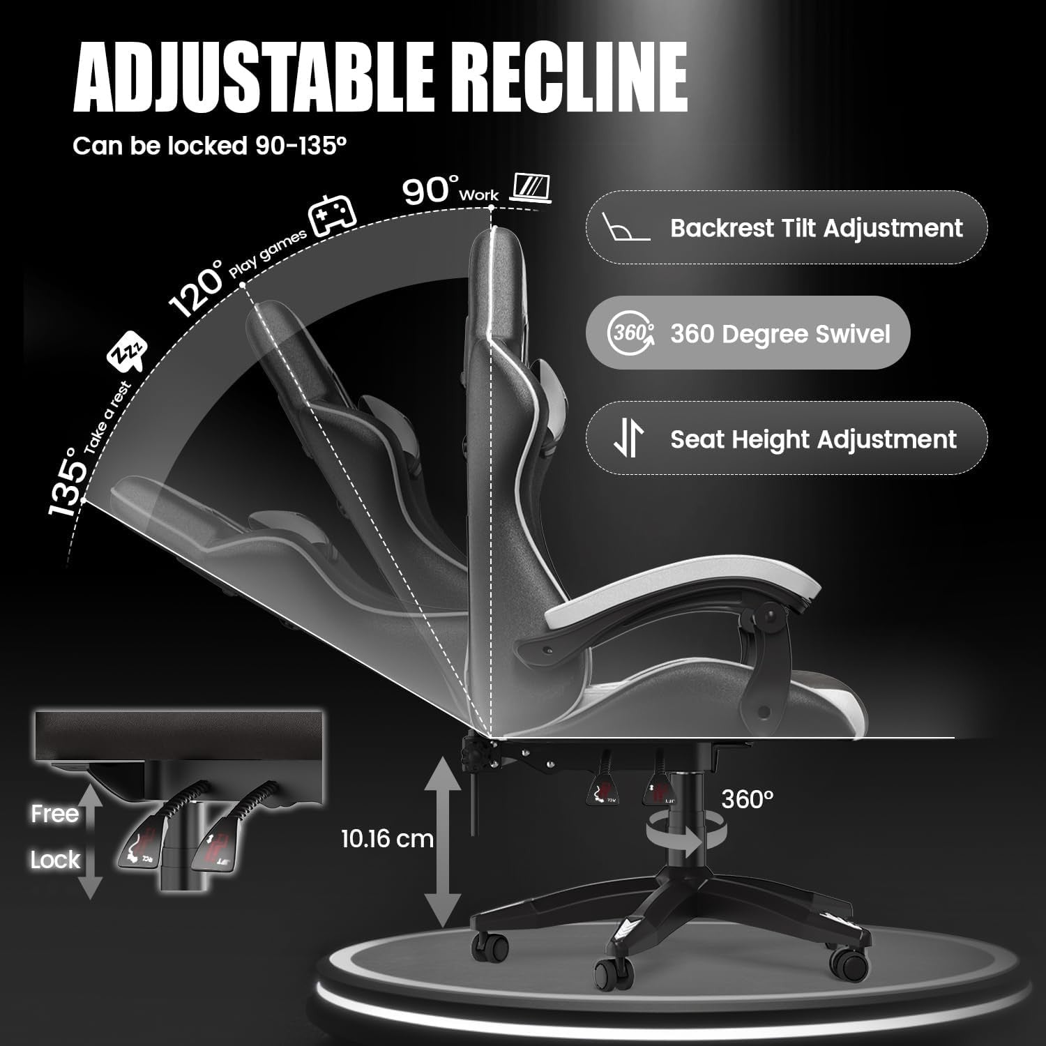Ergonomic Gaming Chair Black White Reclining Adjustable