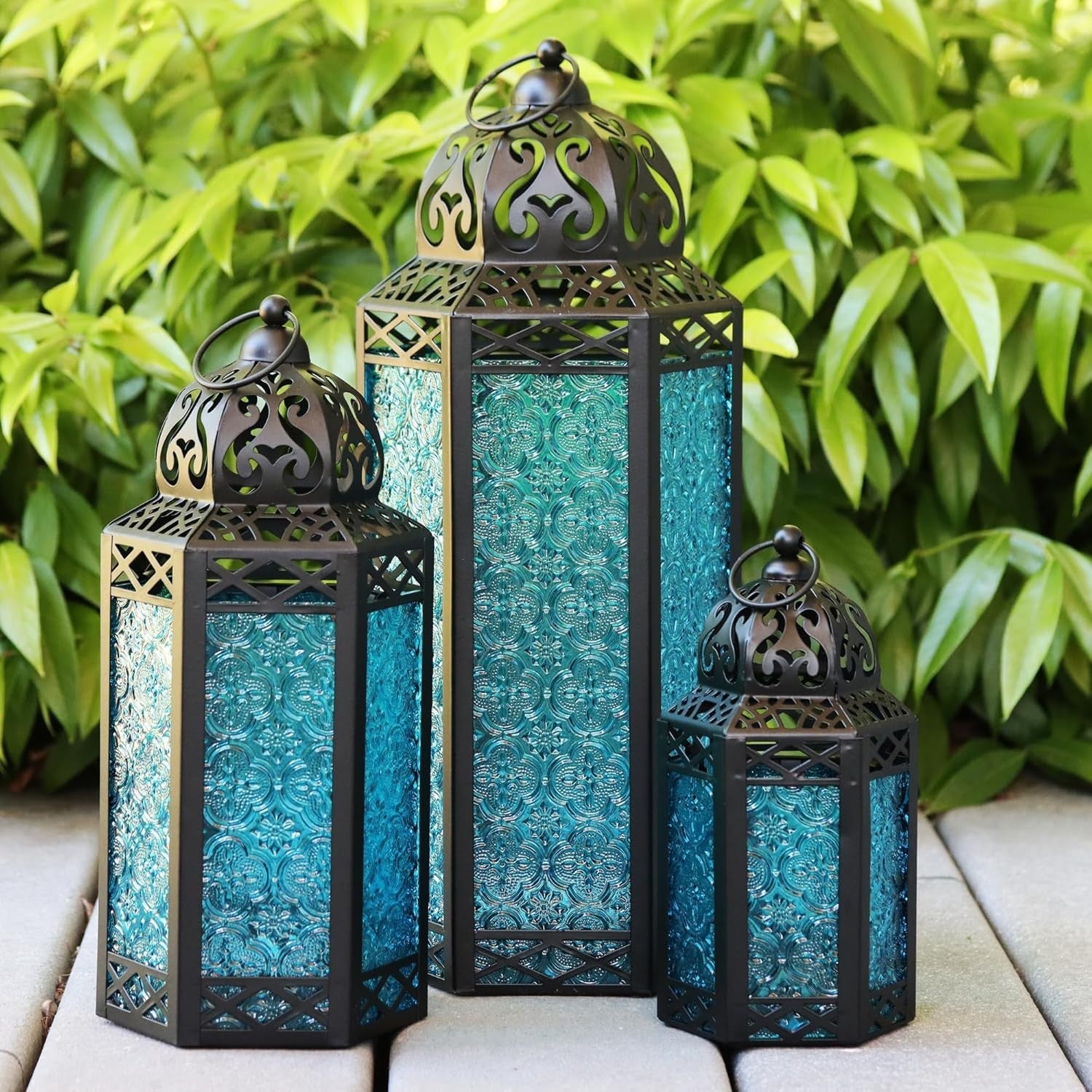 Set of 3 Blue Moroccan Candle Lanterns Home Decor