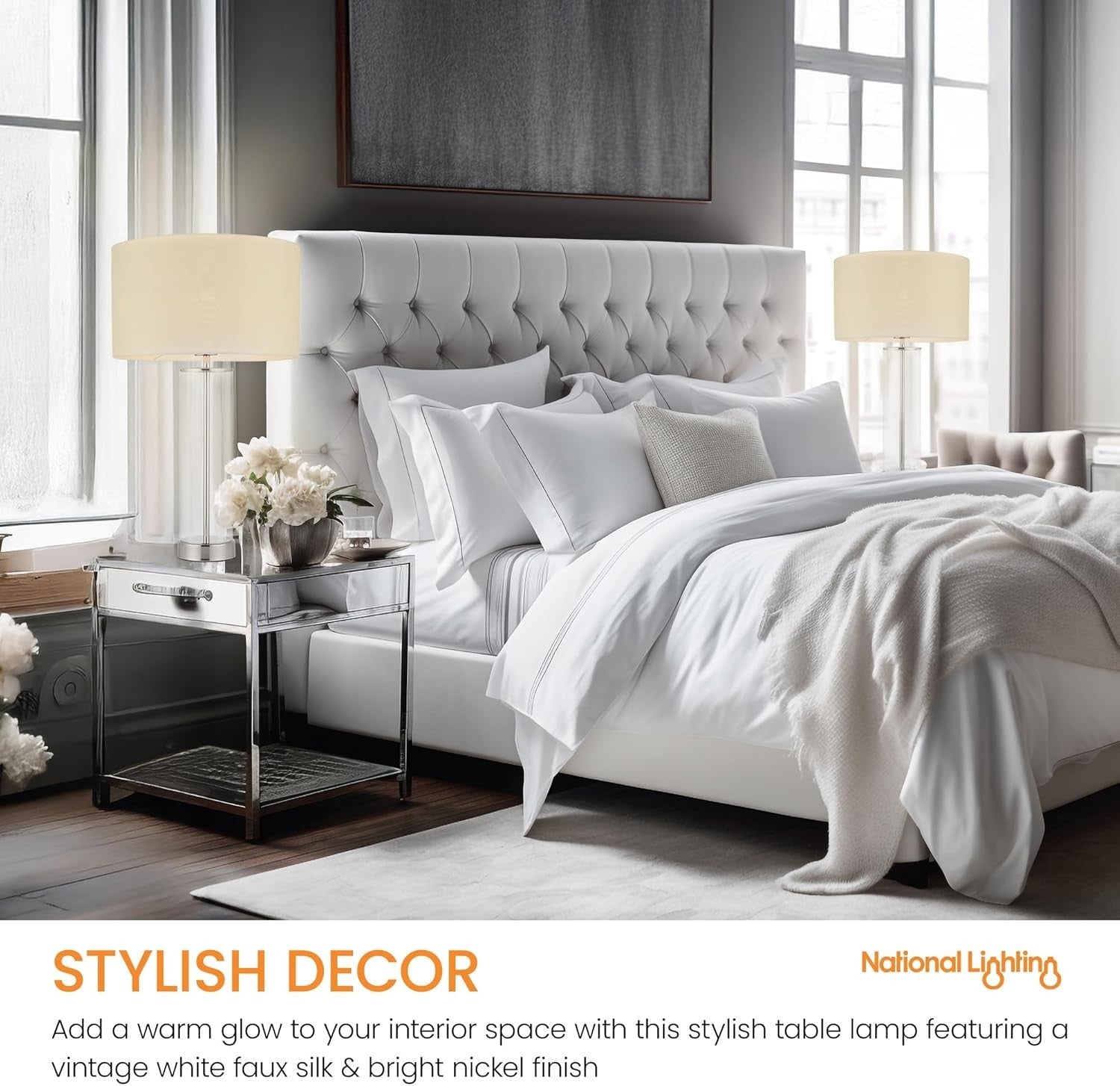 Dimmable Touch Table Lamp with White Fabric Shade & Clear Glass Base