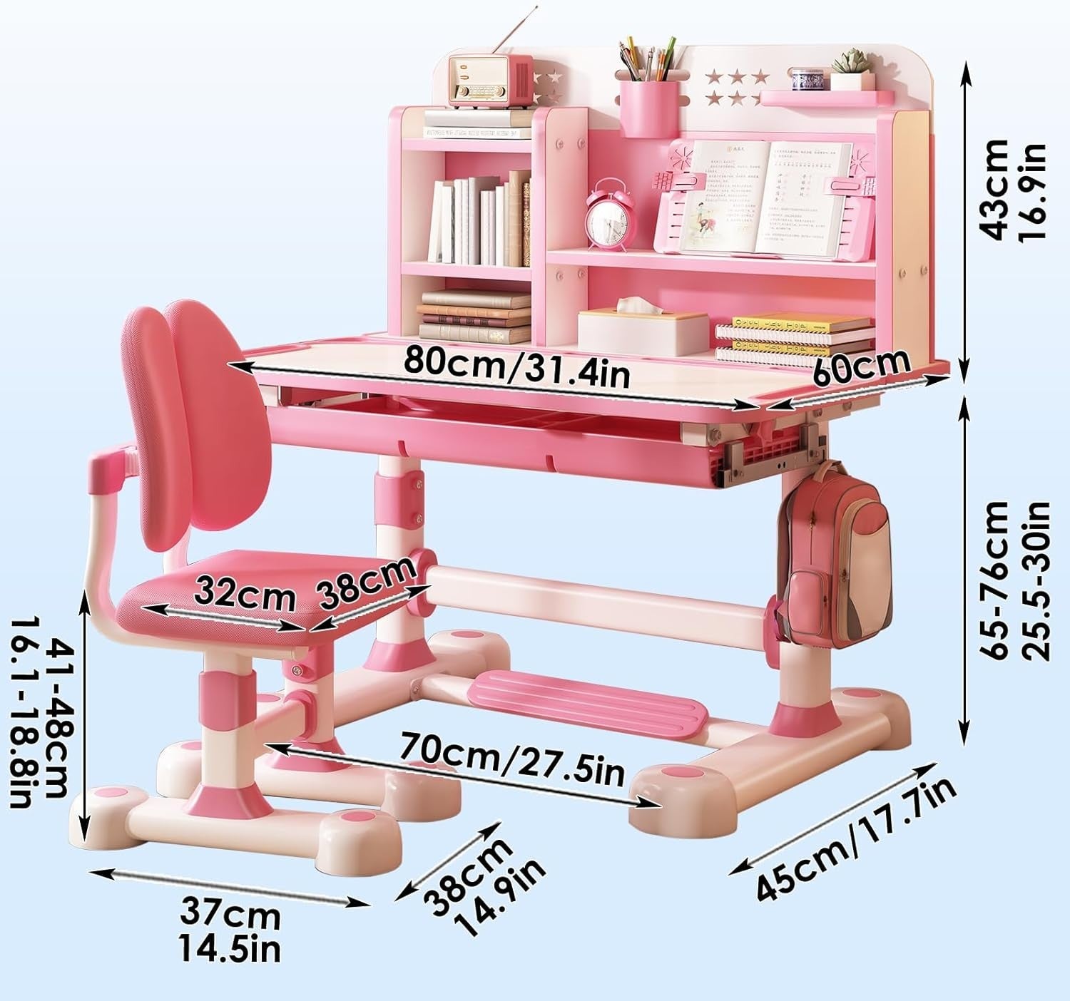 Kids Adjustable Study Desk & Chair Set w/ Drawer Ergonomic Back Support Pink
