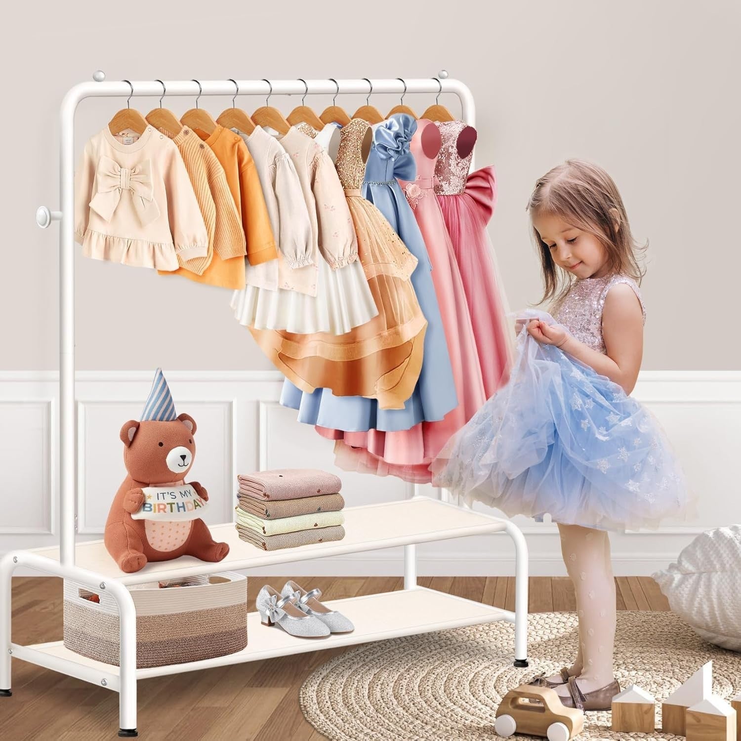 Kids Clothes Rail White Mini Dress Up Rack with 2 Shelves