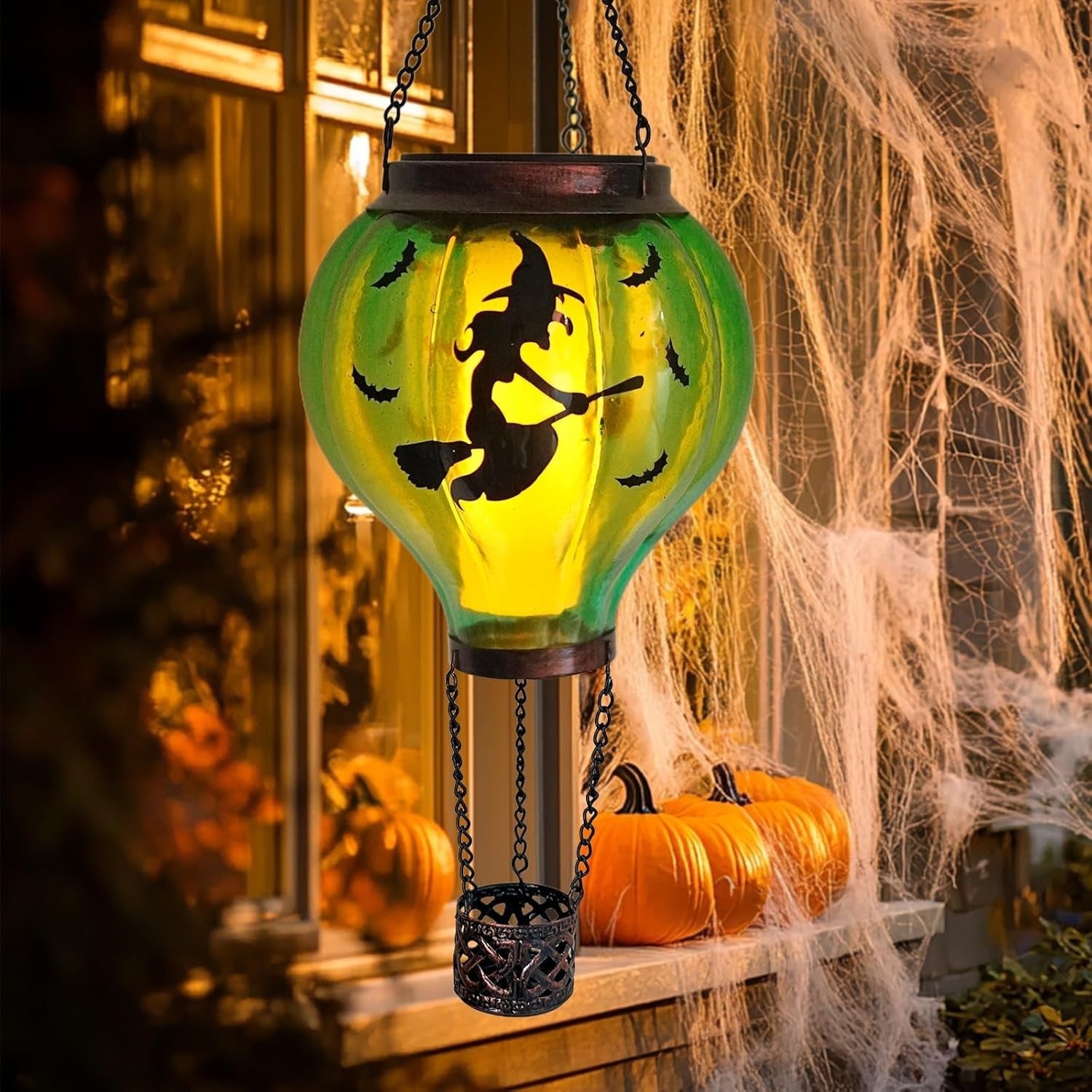 Halloween Hot Air Balloon Solar Lantern Witch LED Hanging Outdoor Garden Decor