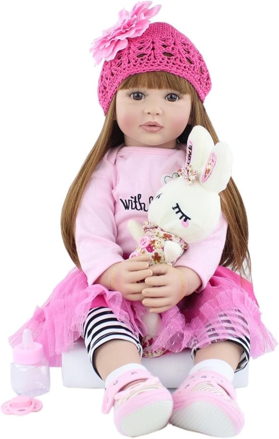 24in Lifelike Reborn Baby Girl Doll Soft Silicone Vinyl Long Hair
