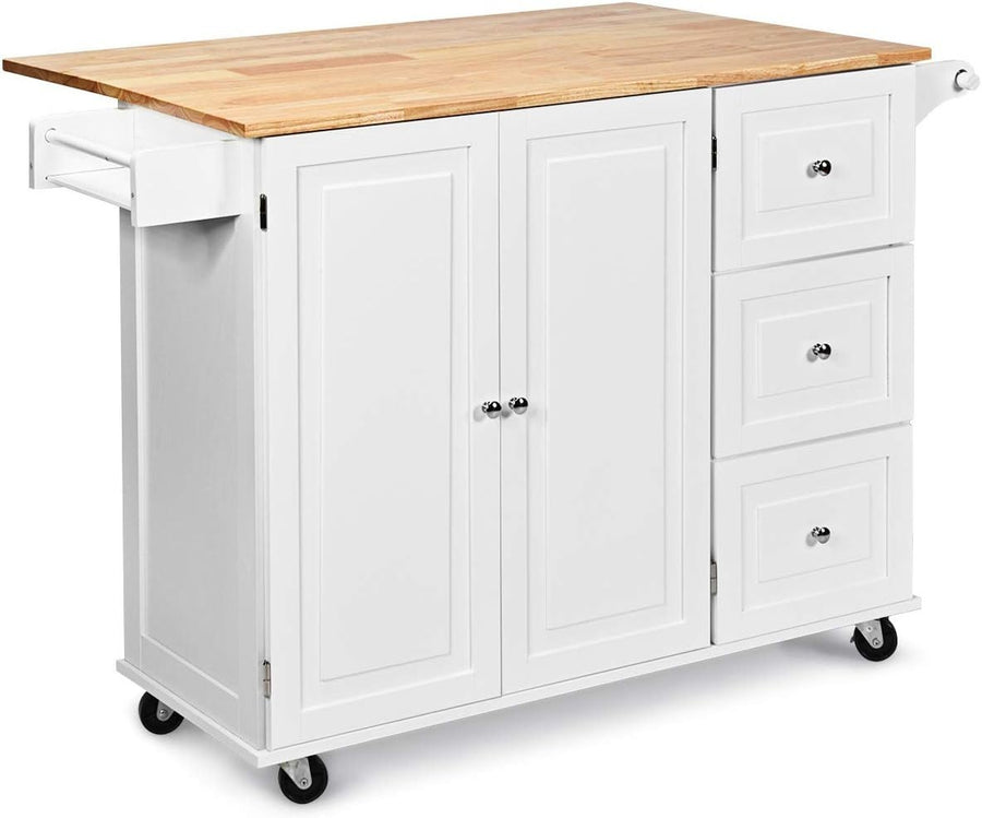 White Rolling Kitchen Island Cart with Extendable Top, 3 Drawers & Adjustable Sh