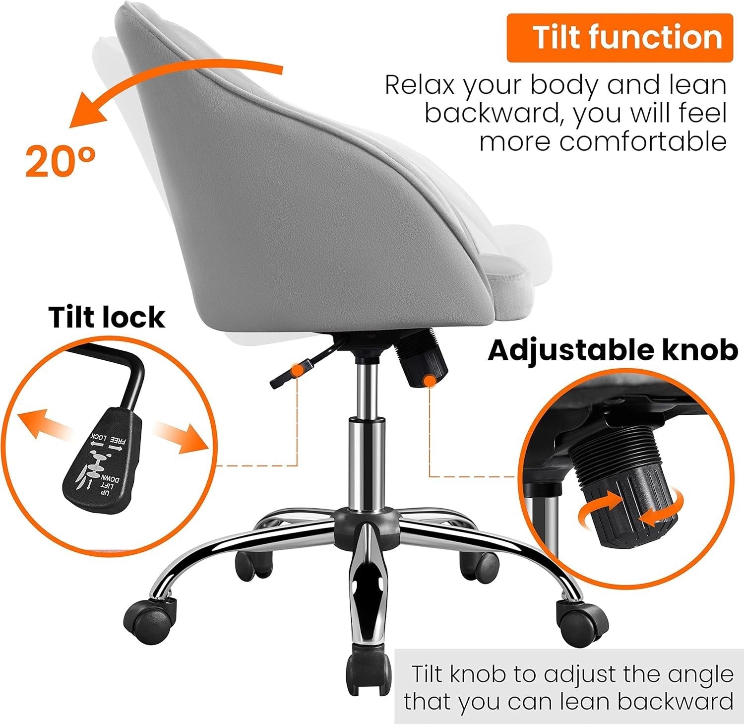 Ergonomic Velvet Office Chair Swivel Adjustable Height Armrest Light Gray