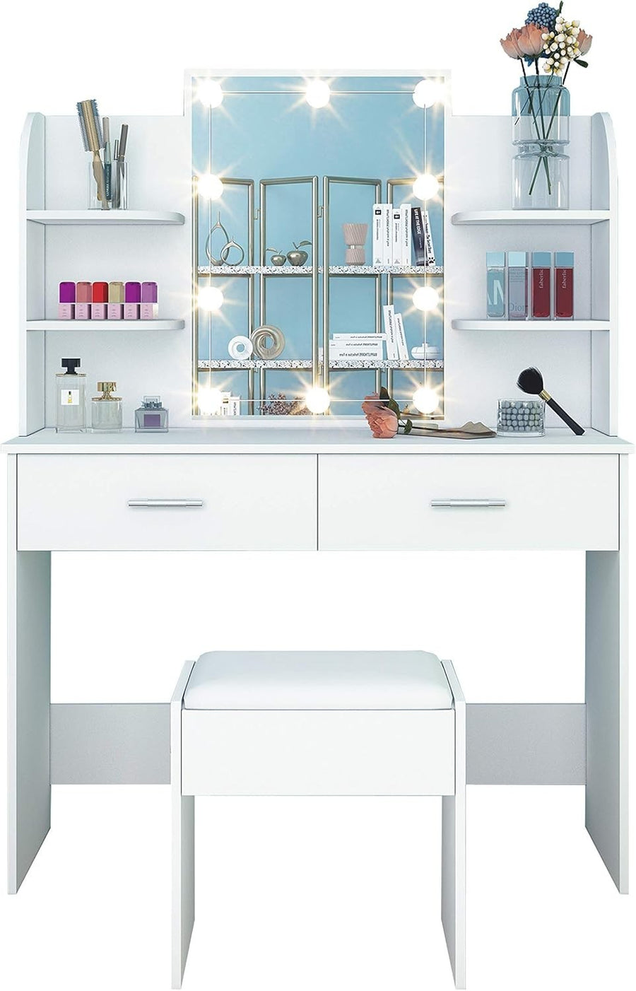Vanity Dressing Table with Lights Mirror Stool Drawers Storage Makeup Desk