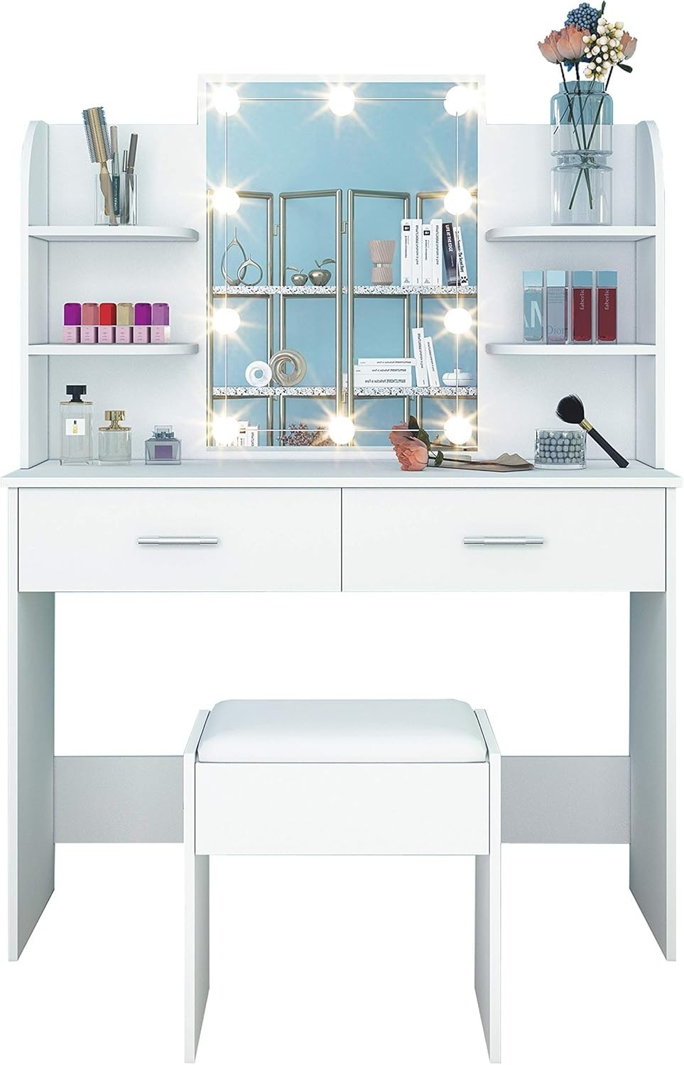 Vanity Dressing Table with Lights Mirror Stool Drawers Storage Makeup Desk