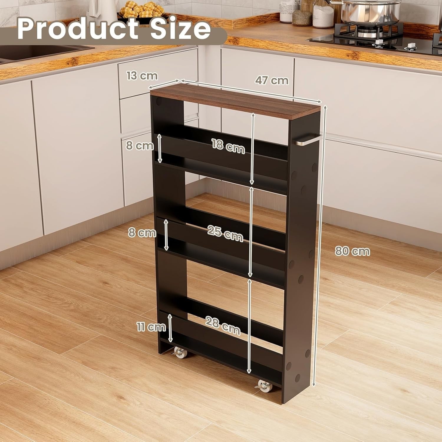 4 Tier Slim Kitchen Storage Trolley Rolling Cart Black Brown Narrow
