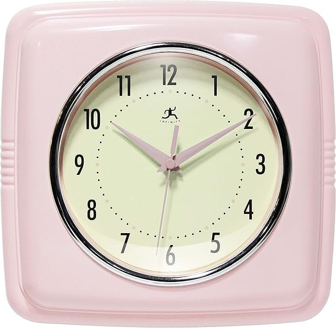 Pink Retro 9in Square Wall Clock Silent Sweep Vintage Kitchen Diner Decor