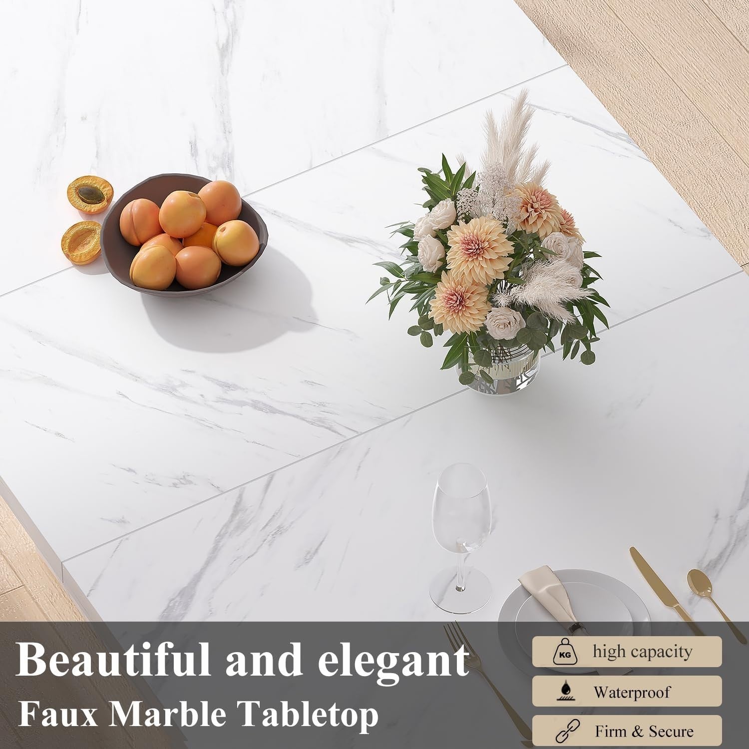 White Marble Effect Dining Table 160cm Modern 6 Seater Kitchen Table