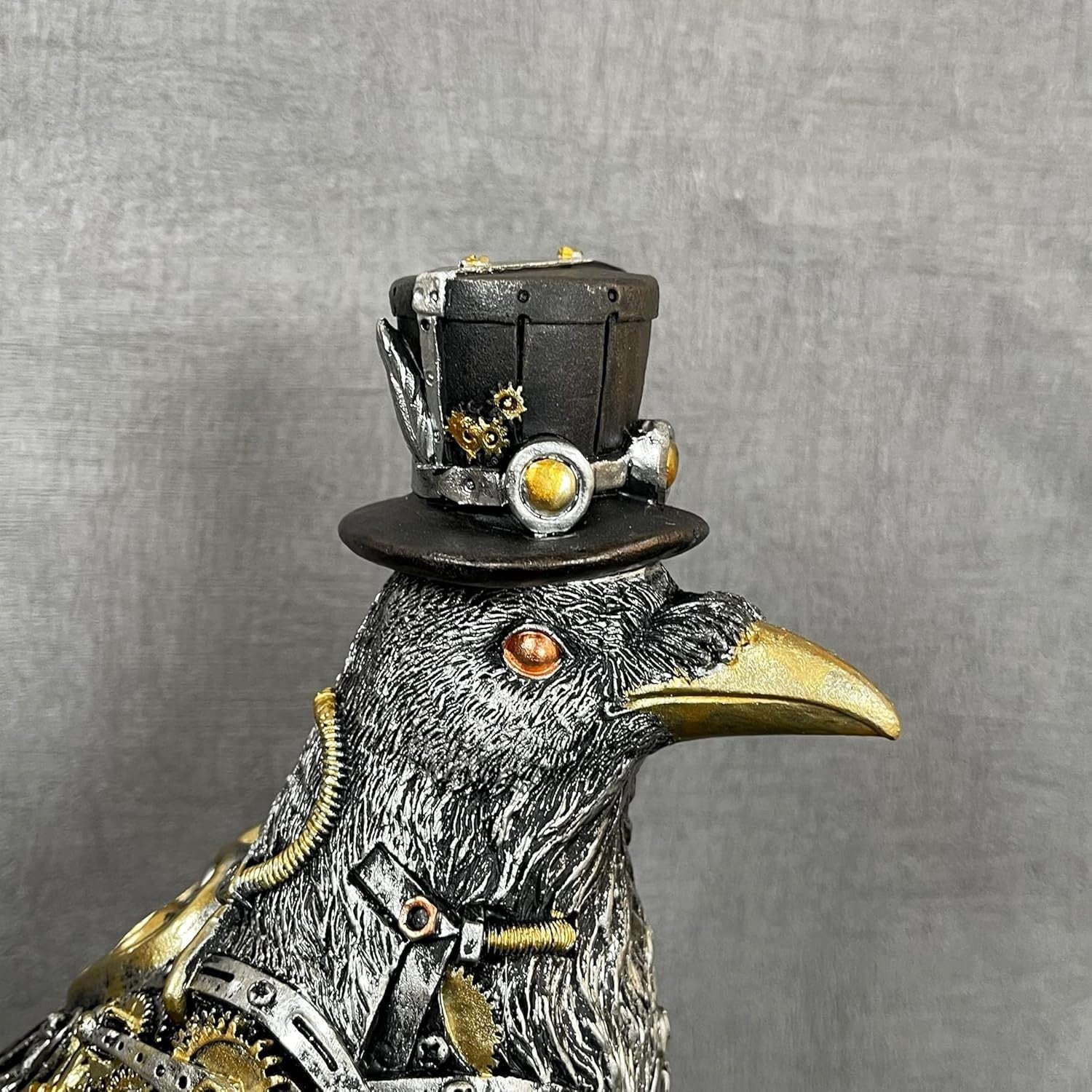 Steampunk Crow Ornament Industrial Silver Resin Gothic Bird Sculpture 27cm