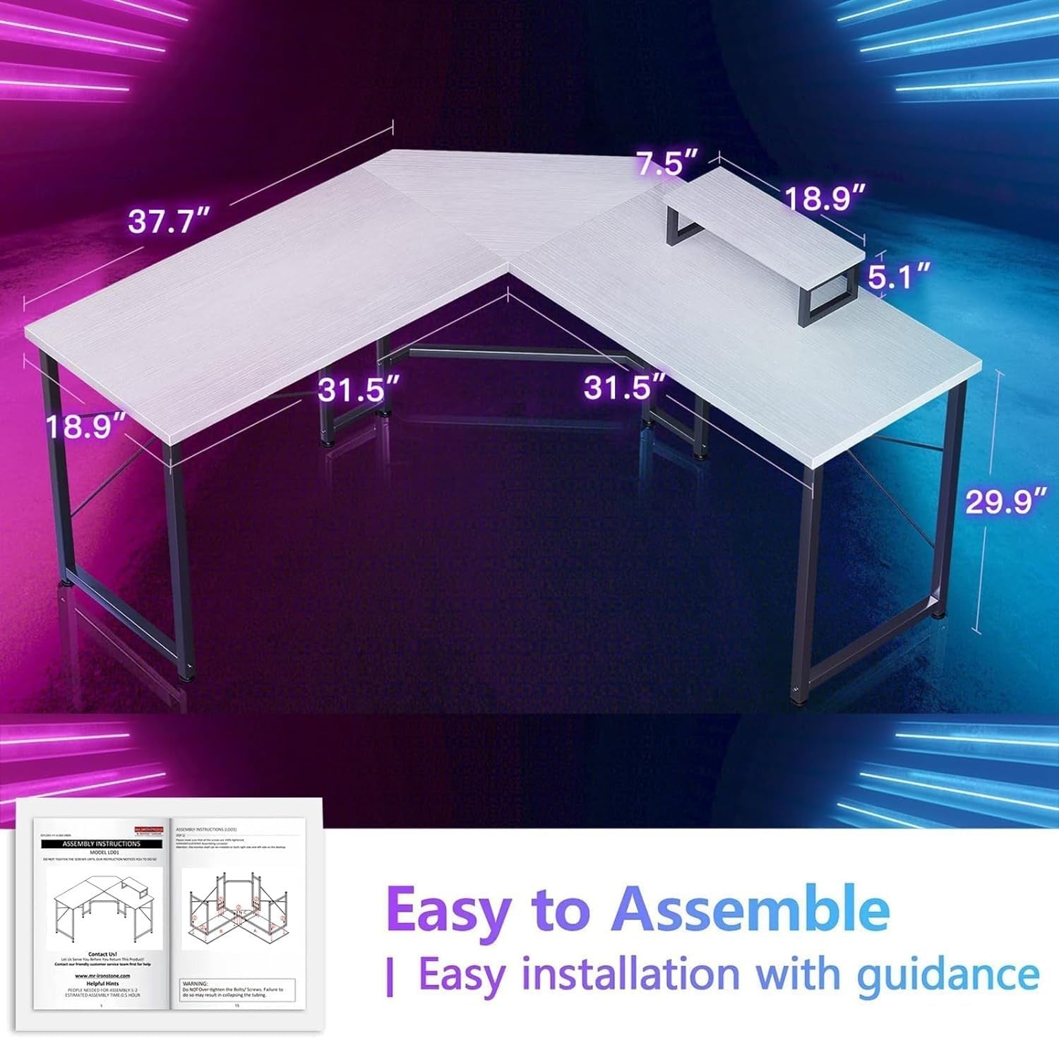 White L-Shaped Corner Desk with Stand – Home Office Gaming Workstation