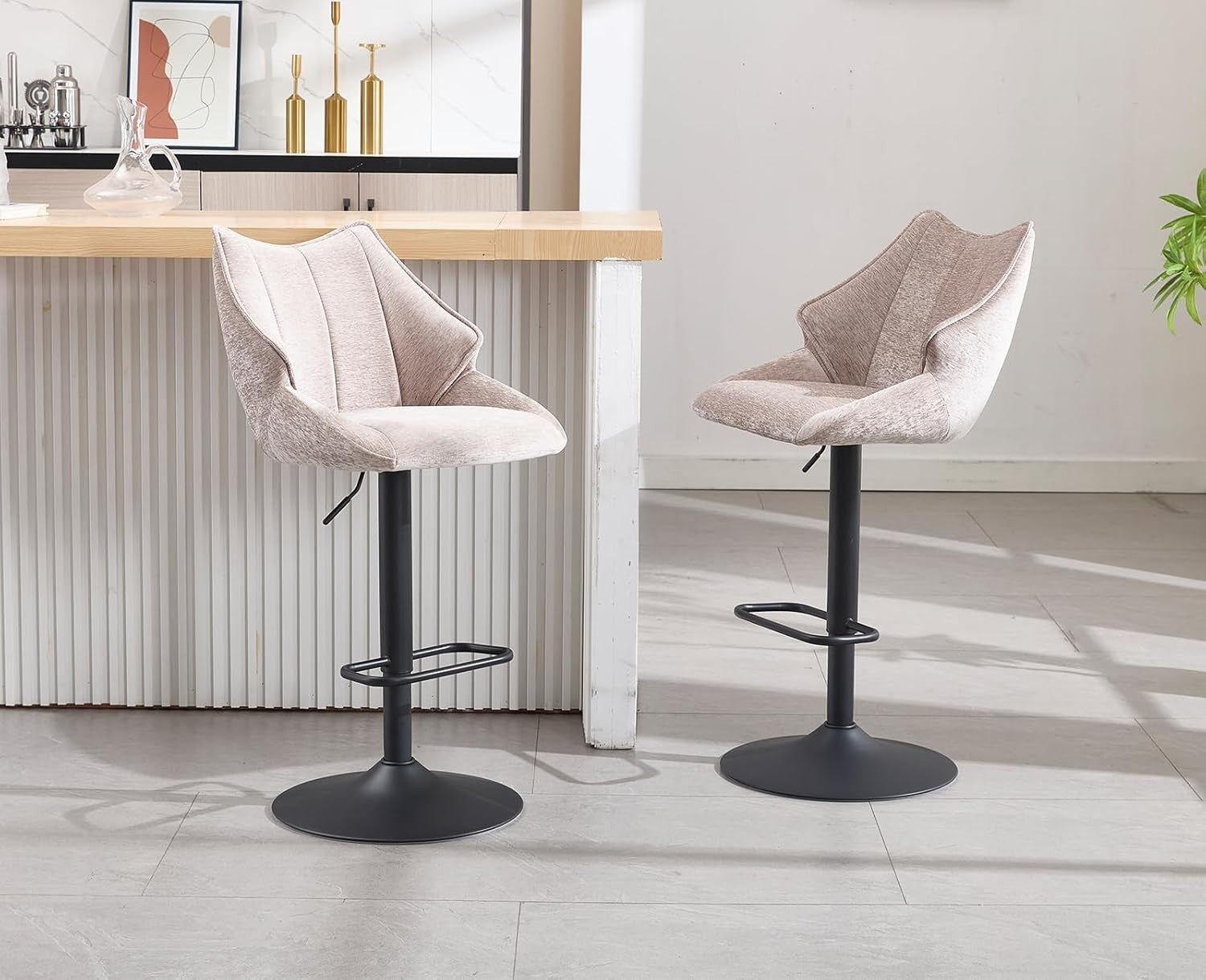 Oatmeal Chenille Bar Stool Set of 2 Adjustable Swivel Kitchen Counter Chairs