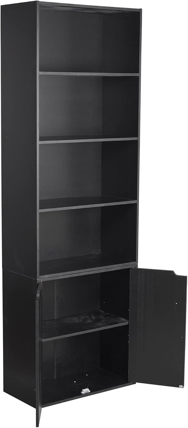 Black 6 Tier Bookcase with Cupboard Modern Storage Shelf 29D x 59W x 180H