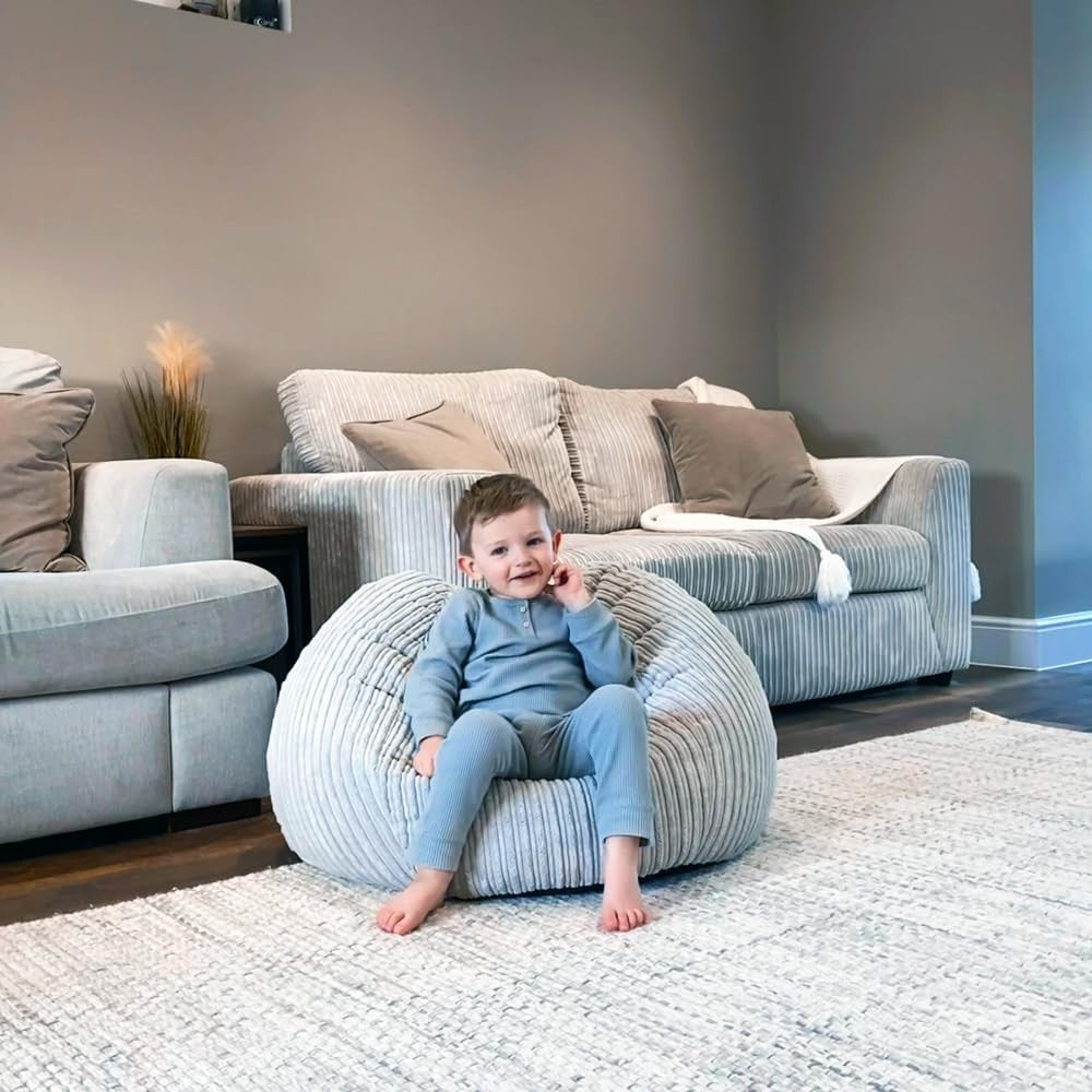 Kids Corduroy Bean Bag Chair Grey Mini Slouch Seat 60x80cm Washable