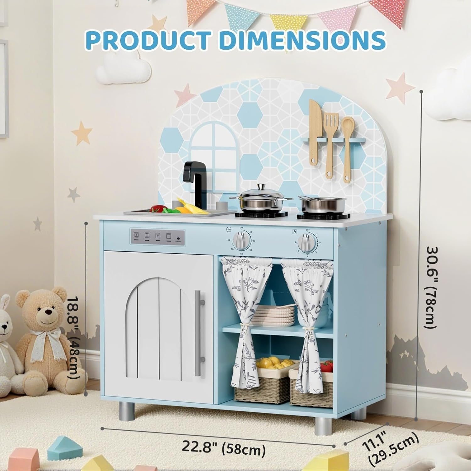 Kids Wooden Play Kitchen w/ Sound Stove Storage Blue Toy Set
