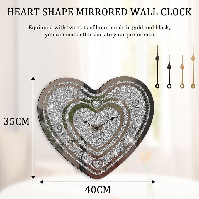 Heart Shape Crushed Diamond Mirror Wall Clock Silver Crystal Sparkle 35×40cm