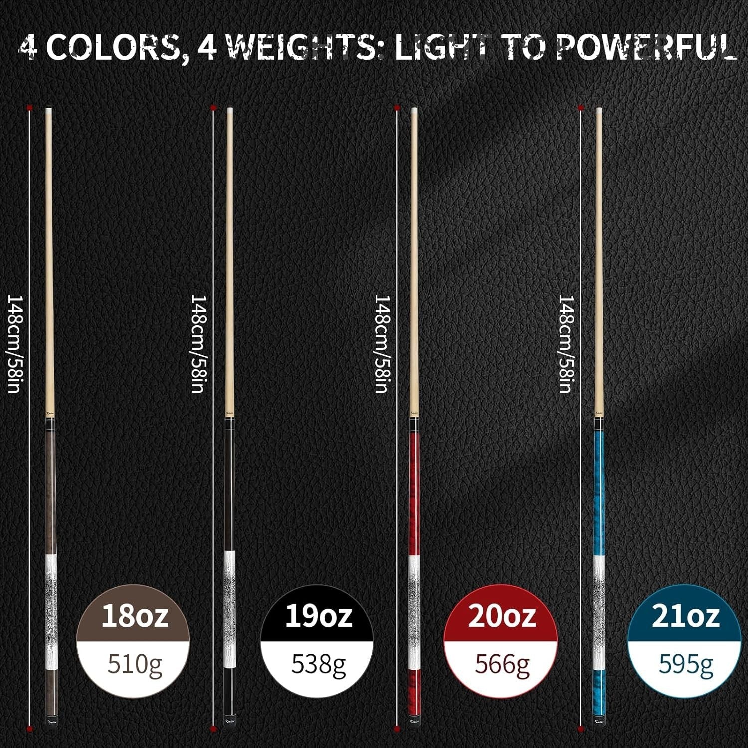 58in Low Deflection Pool Cue Maple Shaft 13mm Tip 3D Grip 19oz