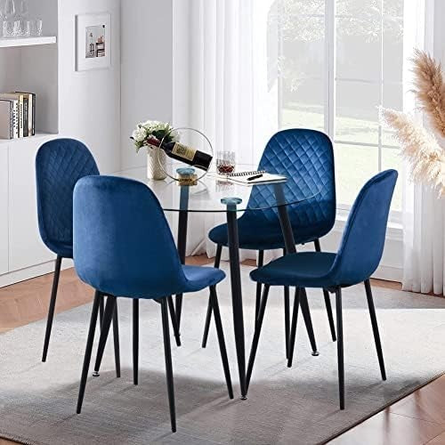Round Glass Dining Table Black Metal Legs Modern 80cm Kitchen Table