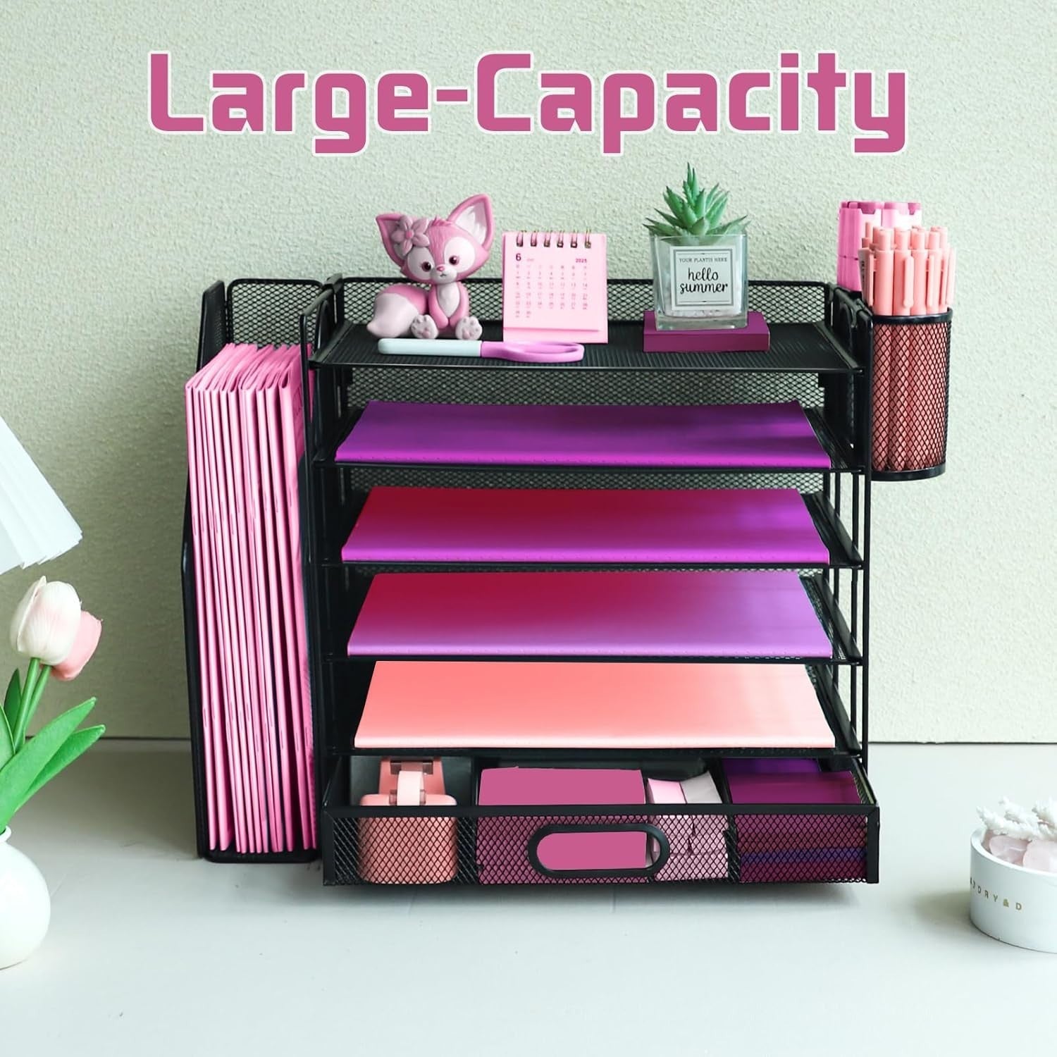 6-Tier Metal Desk Organizer with Drawer Pen Holders File Trays Black