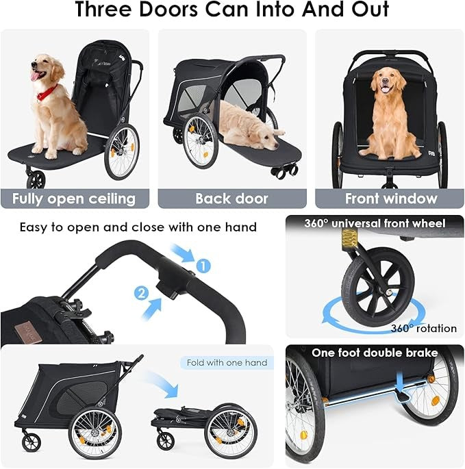 Heavy Duty Dog Stroller Trailer Foldable 3 Wheel Pushchair for Large Dogs
